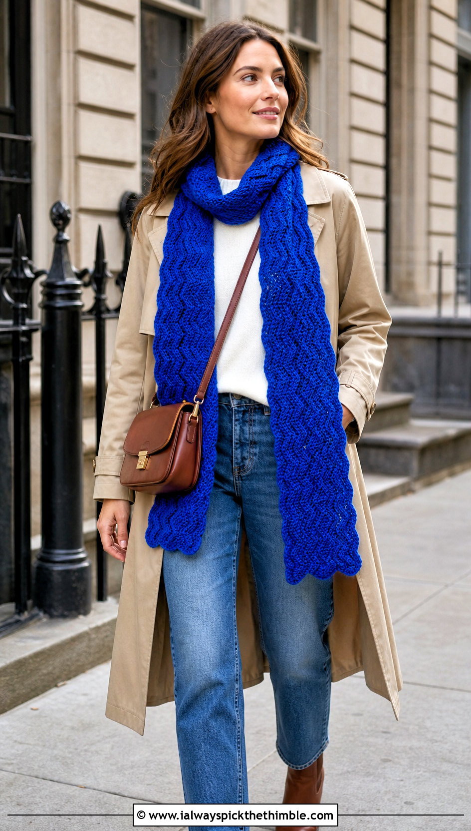 Classic Long Ripple Stitch Crochet Scarf With Trench Coat And Jeans - 15 ripple stitch crochet scarf outfit ideas