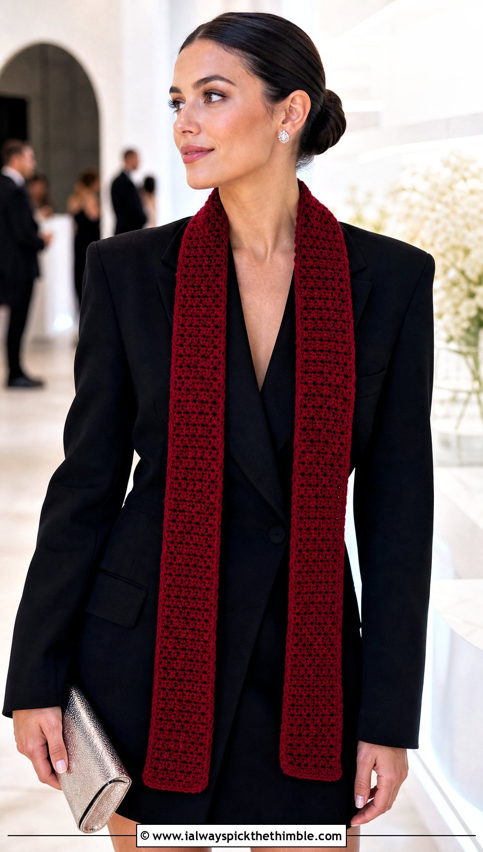Classic Long Single Crochet Scarf With Blazer Dress - 20 Single Crochet Scarf outfit ideas