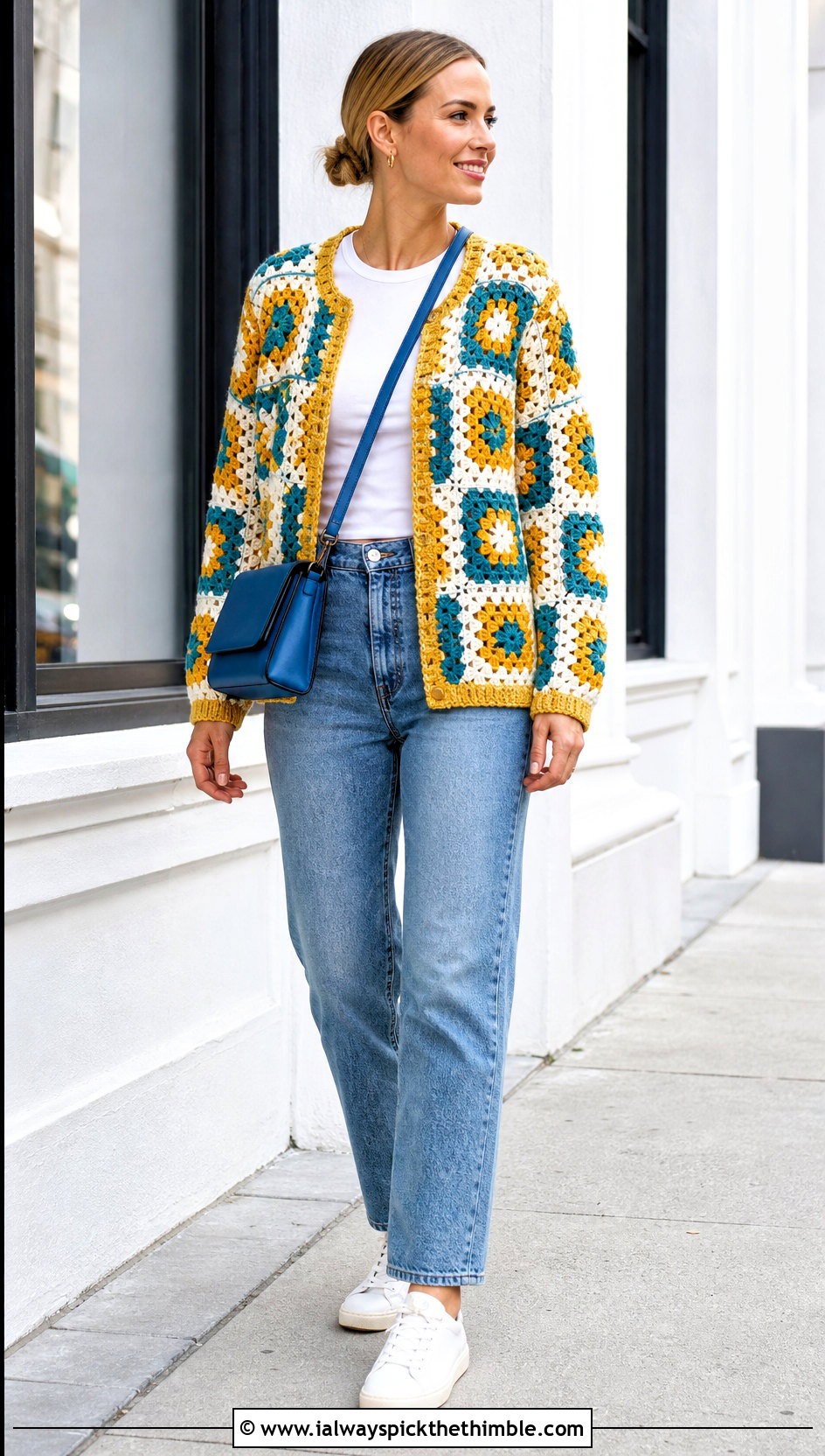 Classic Multi Square Granny Square Cardigan With Straight Leg Jeans - 15 Everyday Granny Square Cardigan outfit ideas