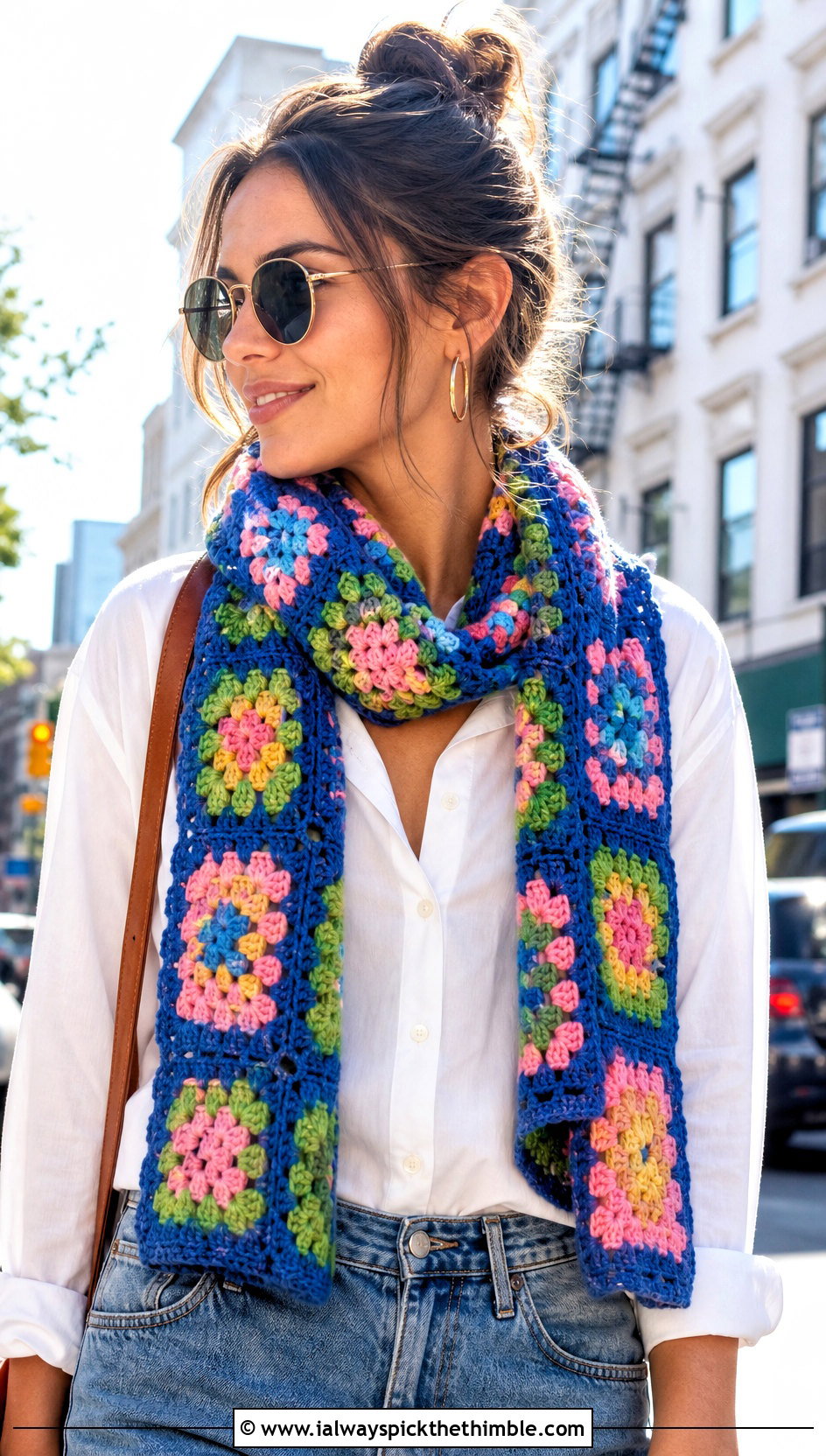 Classic Multicolor Granny Square Crochet Scarf With Jeans - 25 granny square crochet scarf outfit ideas
