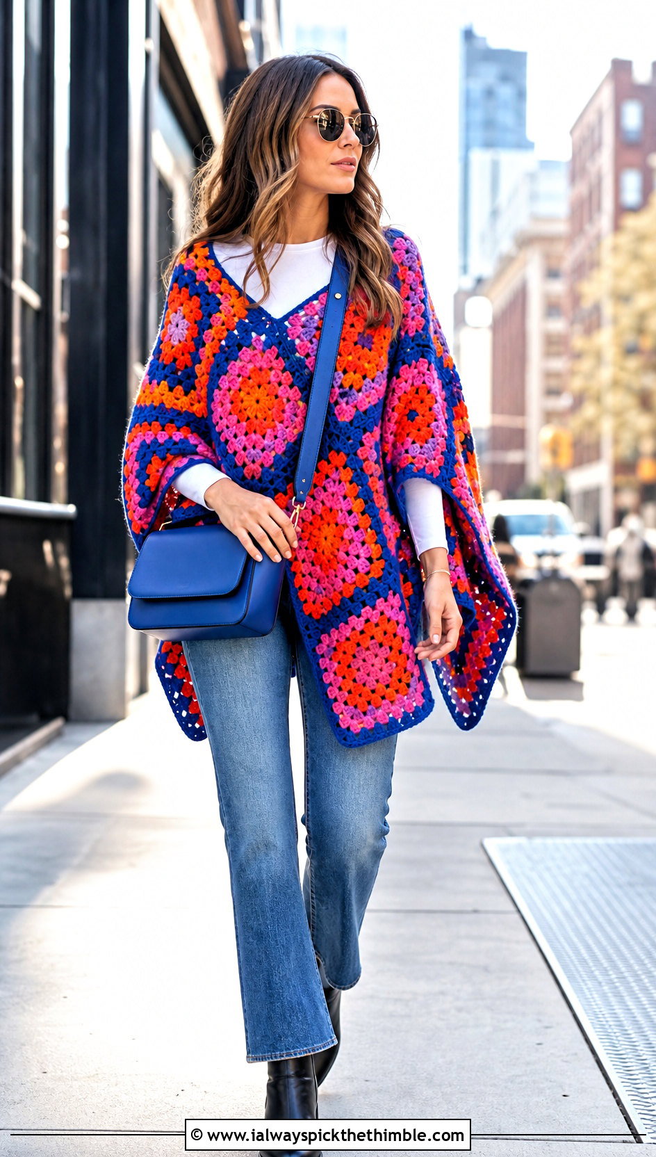Classic Multicolor Granny Square Poncho With Straight Leg Jeans - 25 crochet granny square poncho outfit ideas