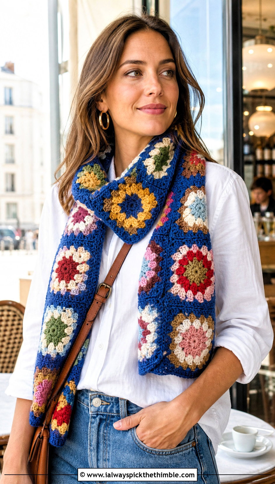 Classic Multicolor Granny Square Scarf With Jeans And White Shirt - 20 granny square scarves outfit ideas