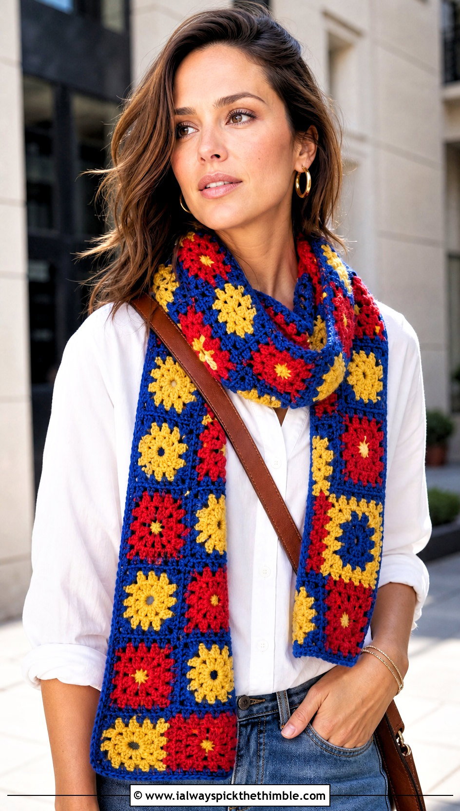 Classic Multicolor Granny Square Scarf With Jeans And White Shirt - 25 granny square scarf outfit ideas