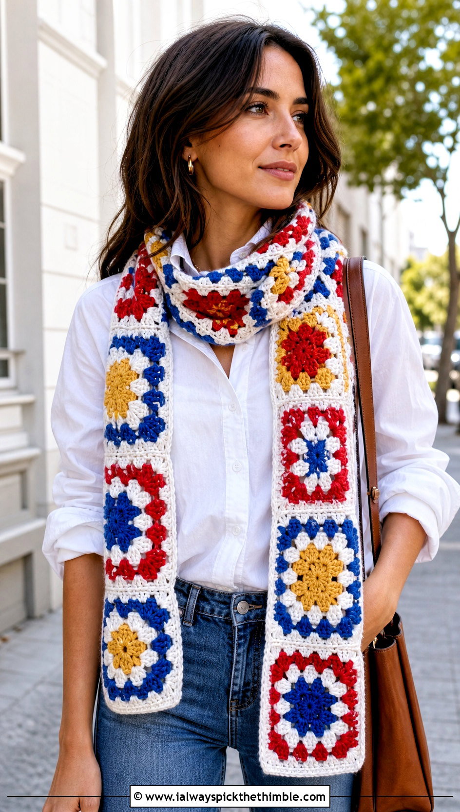 Classic Multicolor Granny Square Scarf With Jeans And White Shirt - 20 crochet granny square scarf outfit ideas
