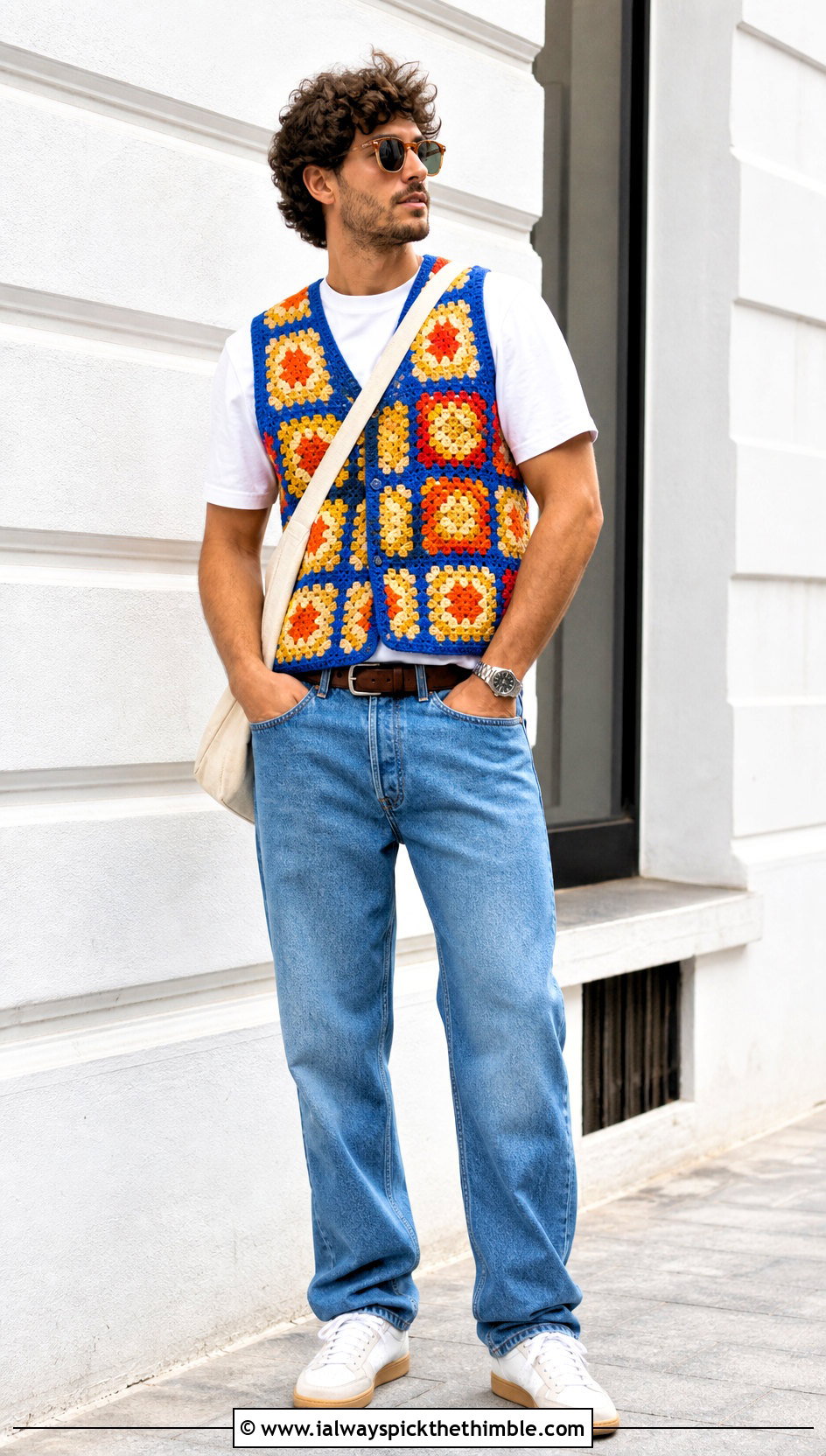 Classic Multicolor Granny Square Vest With White Tee And Jeans - 20 crochet granny square mens vest outfit ideas