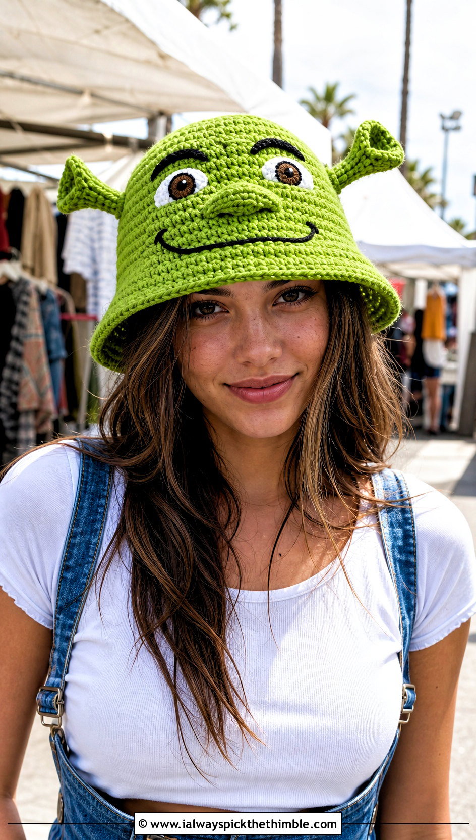 Classic Ogre Ear Crochet Shrek Bucket Hat With Denim Overalls - 15 Crochet Shrek Bucket Hat outfit ideas