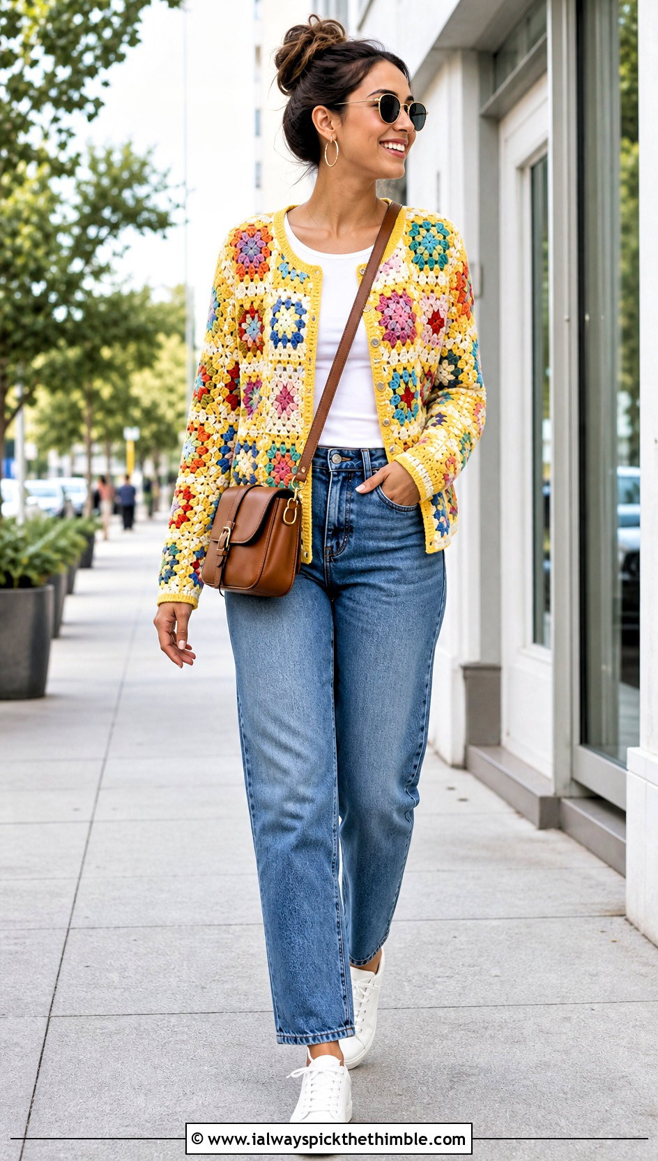 Classic Patchwork Granny Square Cardigan With Straight Leg Jeans - 25 granny square crochet cardigan jacket outfit ideas