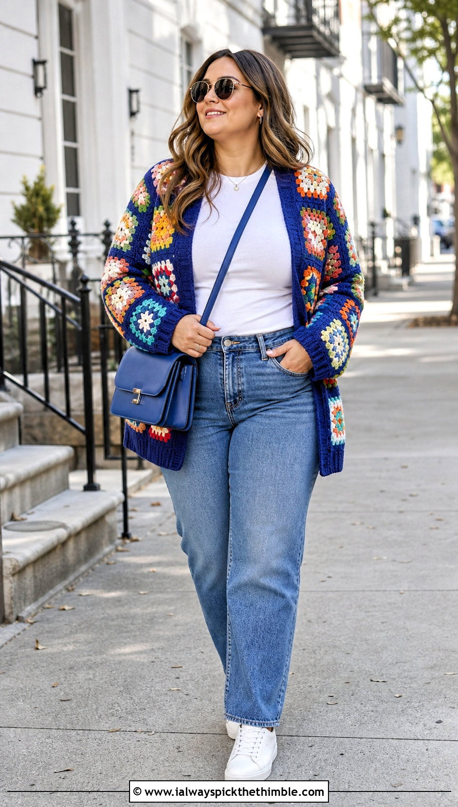 Classic Patchwork Granny Square Cardigan With Straight Leg Jeans - 20 plus size crochet granny square cardigan outfit ideas