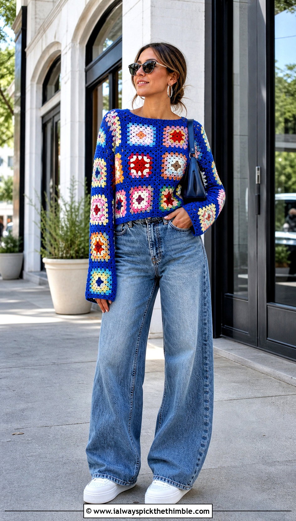 Classic Patchwork Granny Square Crochet Long Sleeve Top With Wide Leg Jeans - 20 Granny Square Crochet Long Sleeve Top outfit ideas