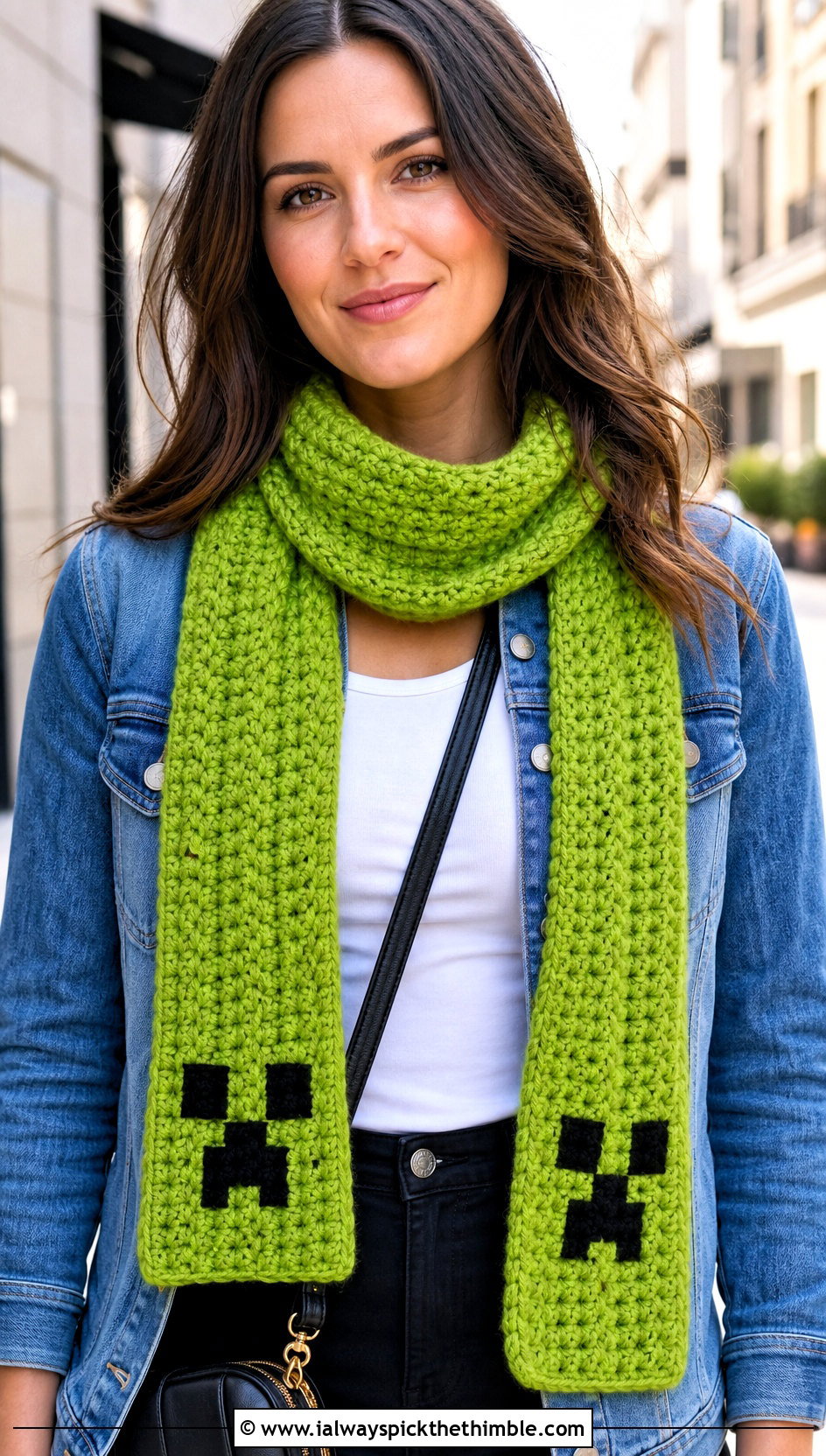 Classic Pixel Minecraft Creeper Crochet Scarf With Denim Jacket - 15 minecraft creeper crochet scarf outfit ideas
