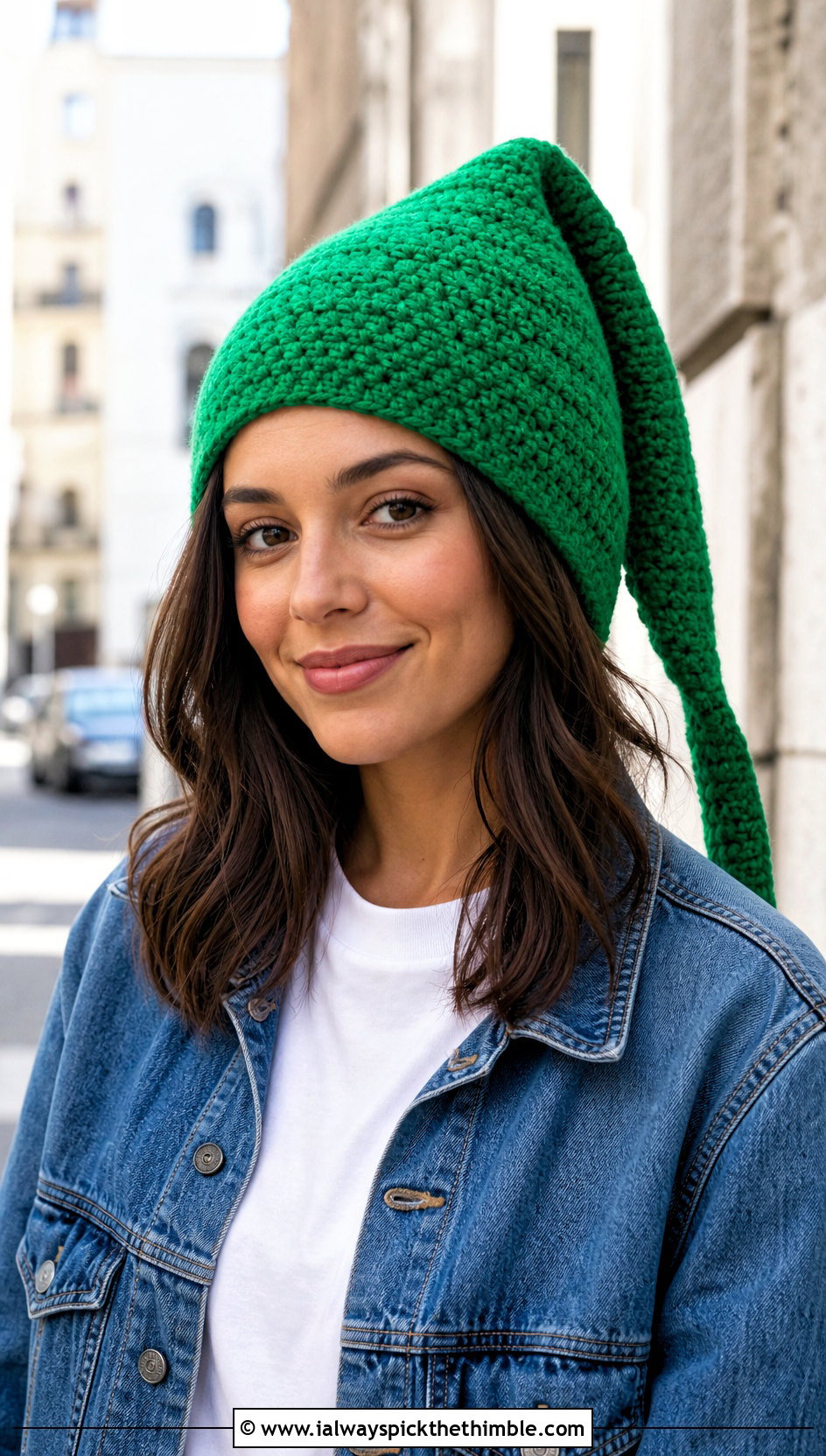 Classic Pointed Crochet Link Hat With Denim Jacket - 20 crochet link hat outfit ideas