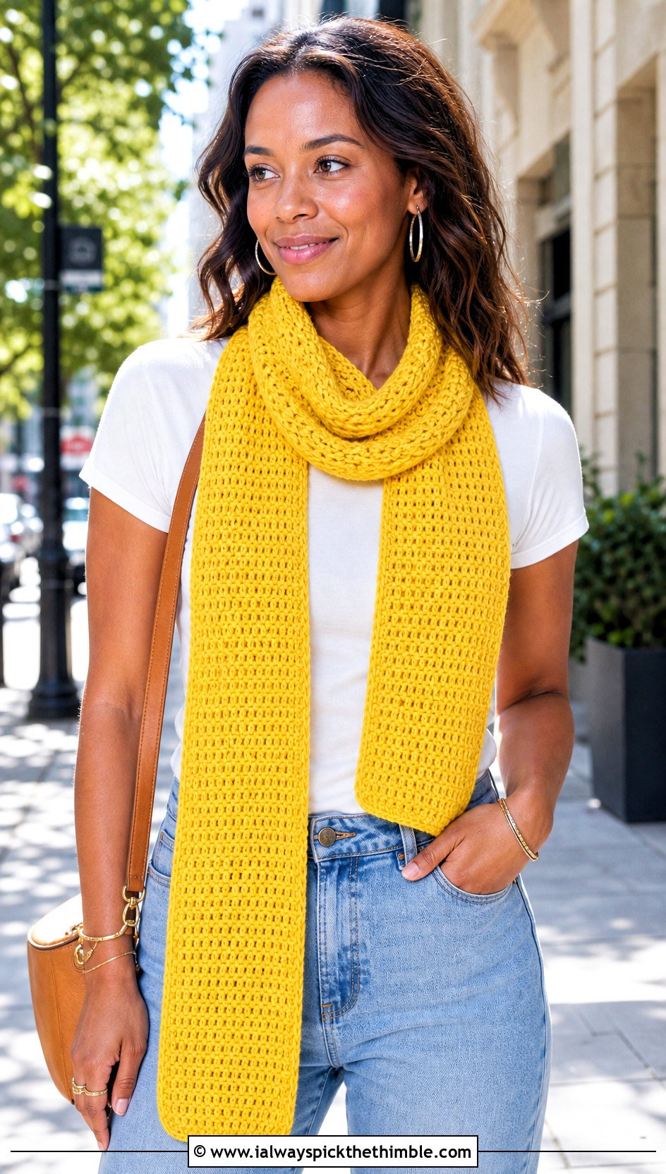 Classic Rectangular Crochet Scarf With White Tee And Jeans - 15 beginner crochet scarf design outfit ideas