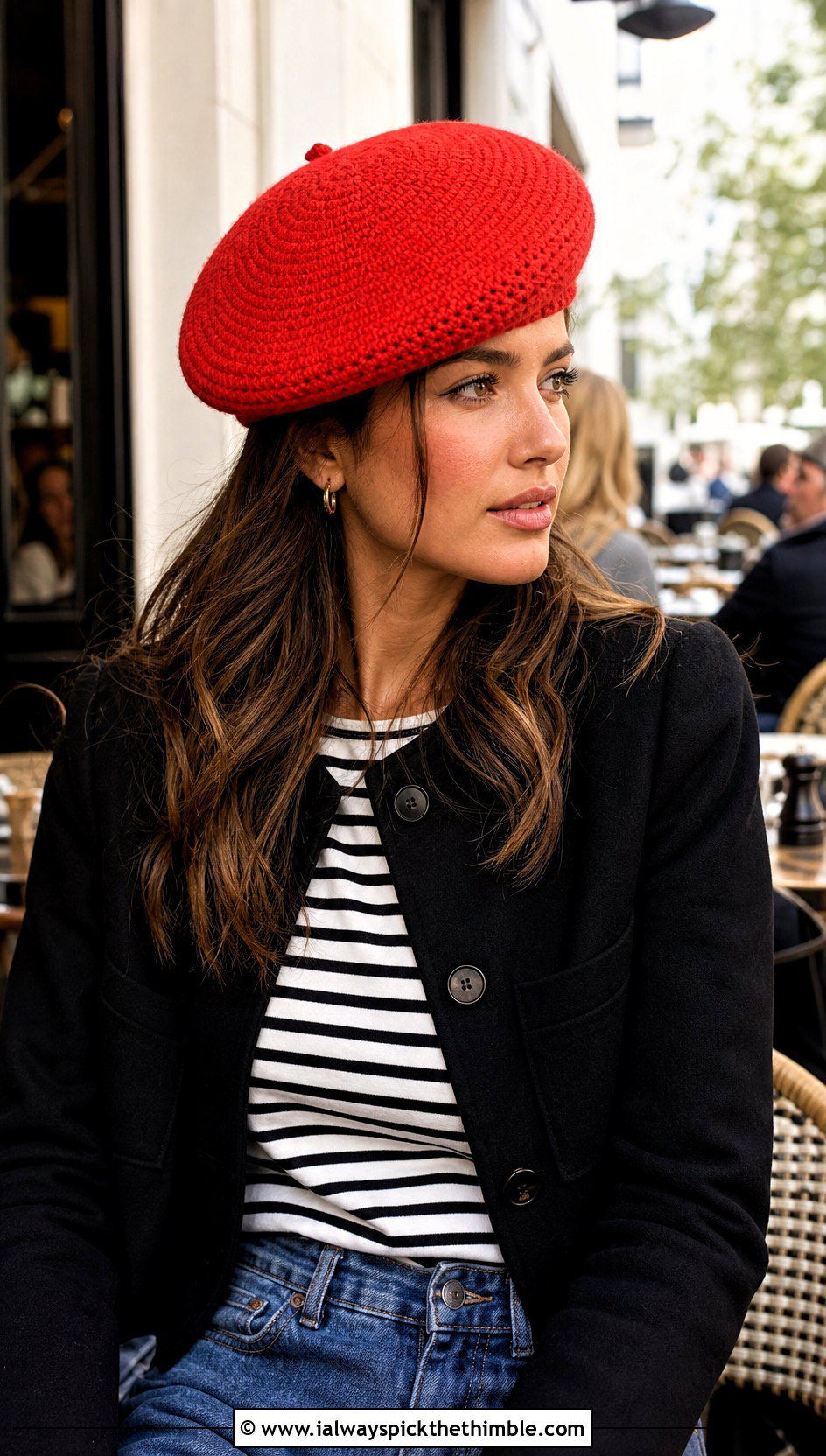 Classic Red Crochet Beret With Striped Top And Jeans - 15 red crochet beret outfit ideas
