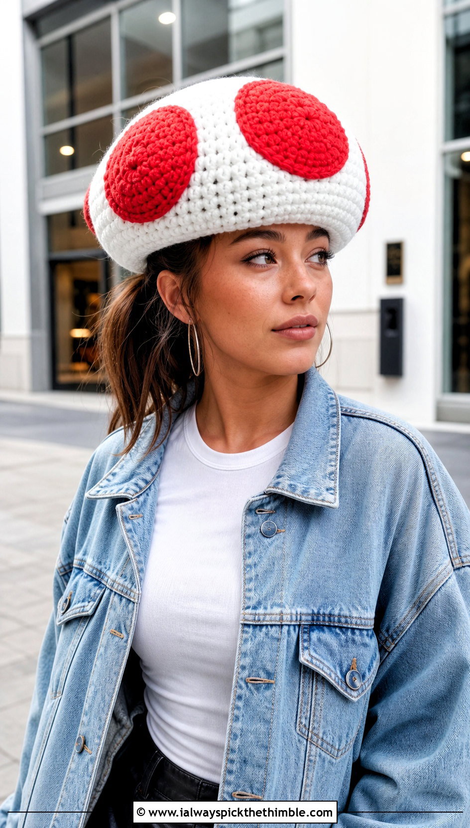 Classic Red Spotted Toad Mushroom Hat With Denim Jacket Outfit - 15 Mario Toad Crochet Hat outfit ideas