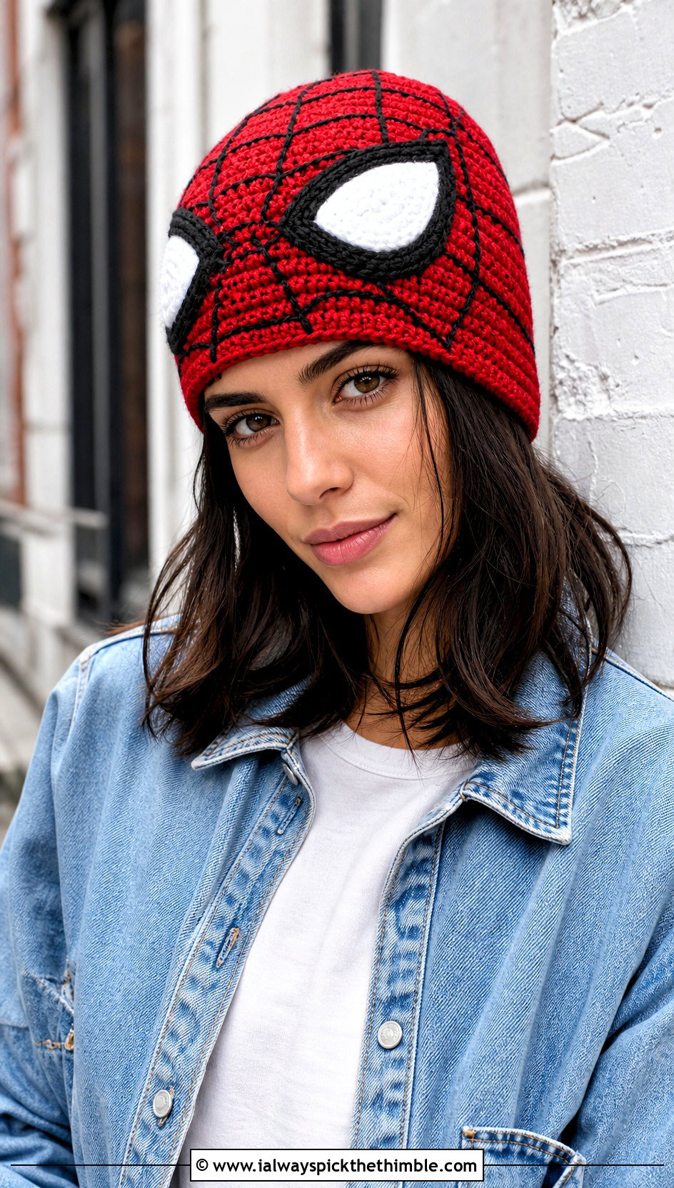 Classic Red Web Crochet Spider Man Beanie With Denim Jacket - 25 crochet spider man beanie outfit ideas