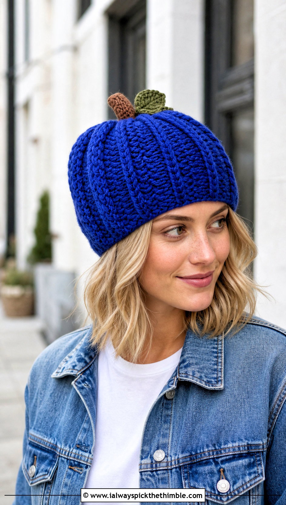 Classic Ribbed Crochet Pumpkin Beanie With Denim Jacket - 20 crochet pumpkin beanie outfit ideas