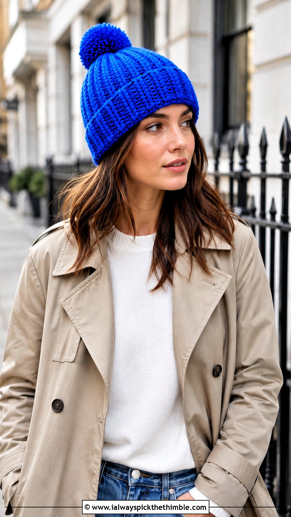 Classic Ribbed Pom Pom 1 5 Hour Crochet Hat With Trench Coat And Jeans - 15 1.5 Hour Crochet Hat outfit ideas