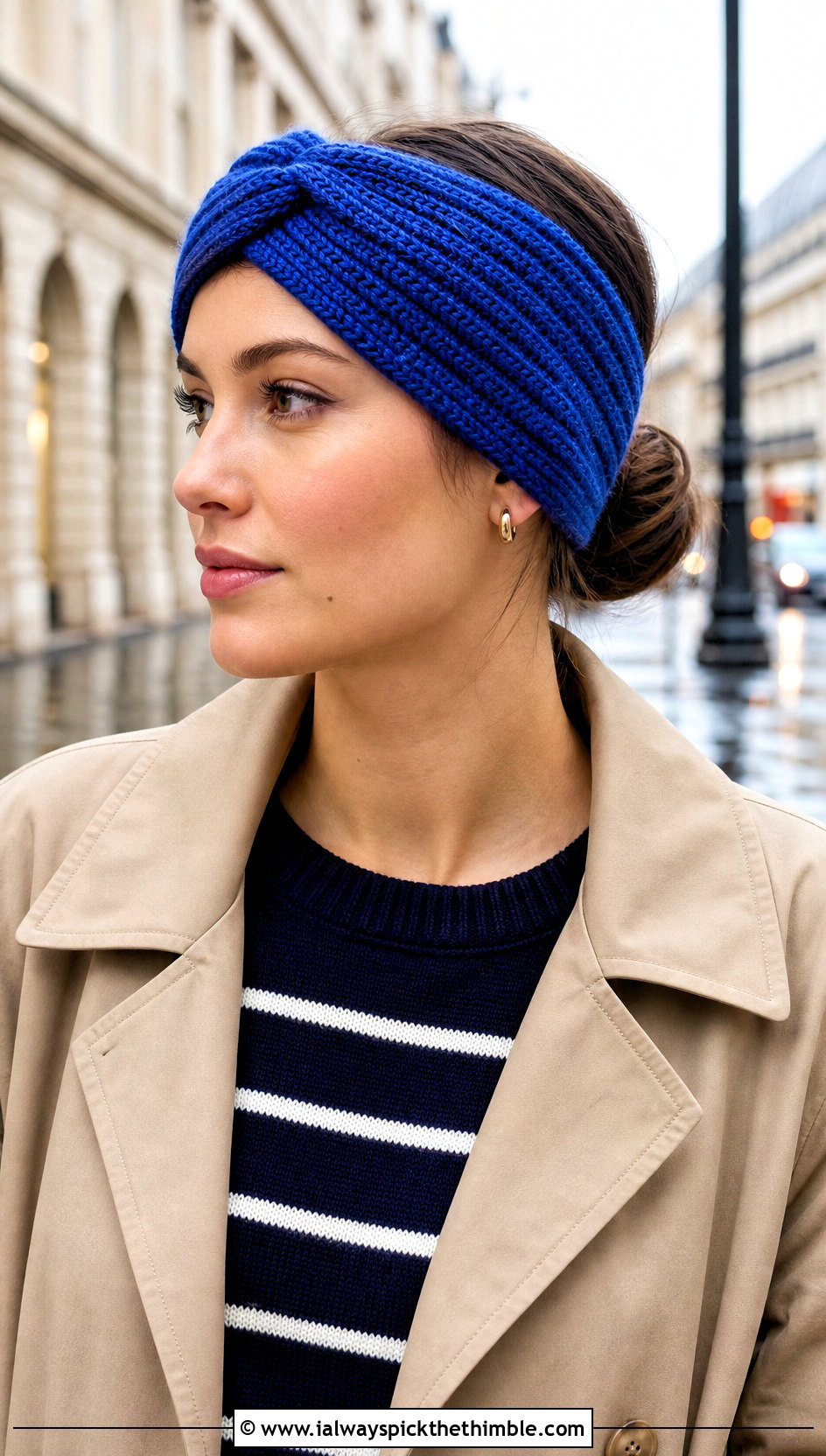 Classic Ribbed X Twist Headband With Trench Coat - 20 crochet twist headband outfit ideas