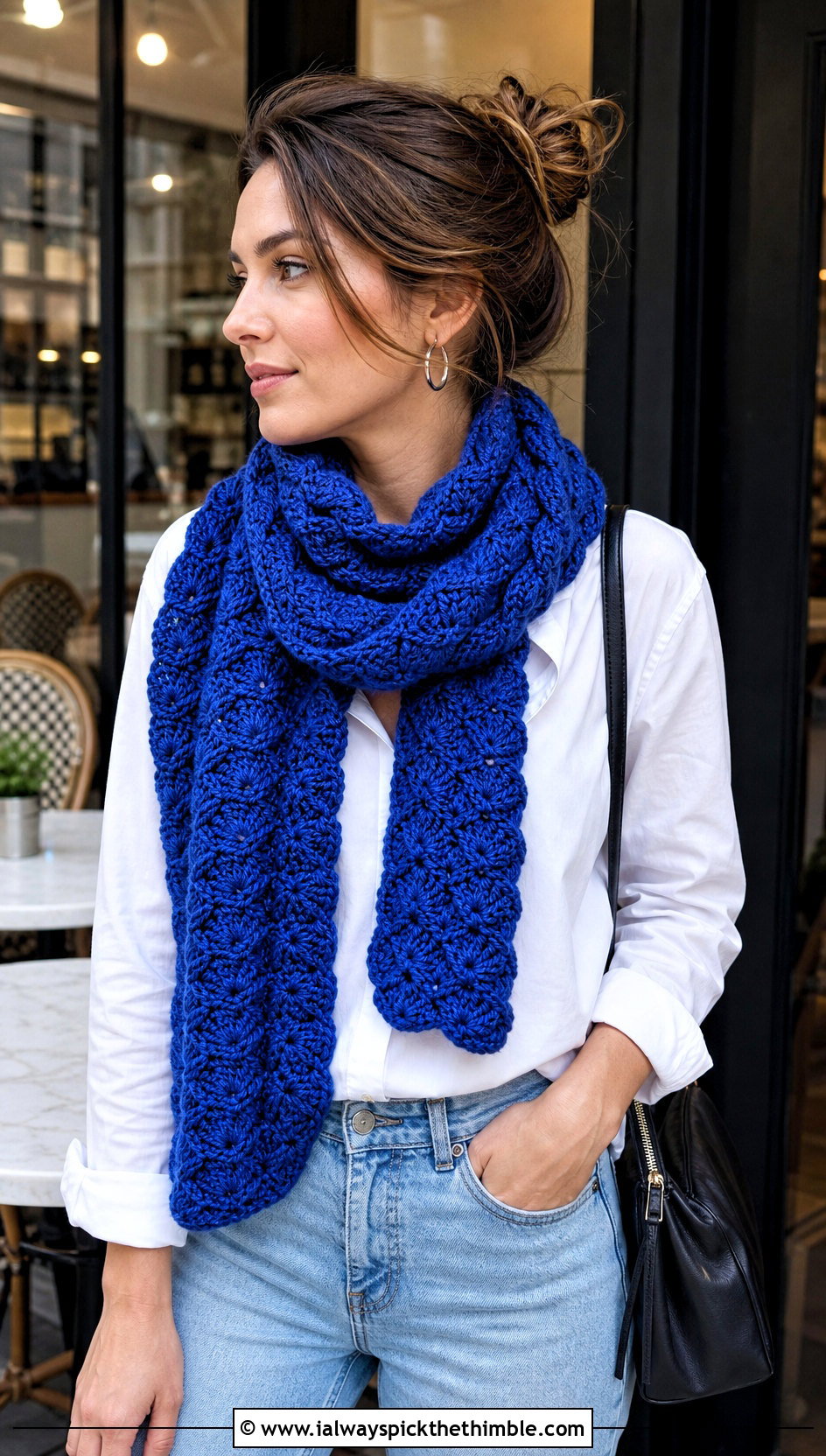 Classic Shell Stitch Scarf With White Shirt And Jeans - 20 crochet shell scarf outfit ideas