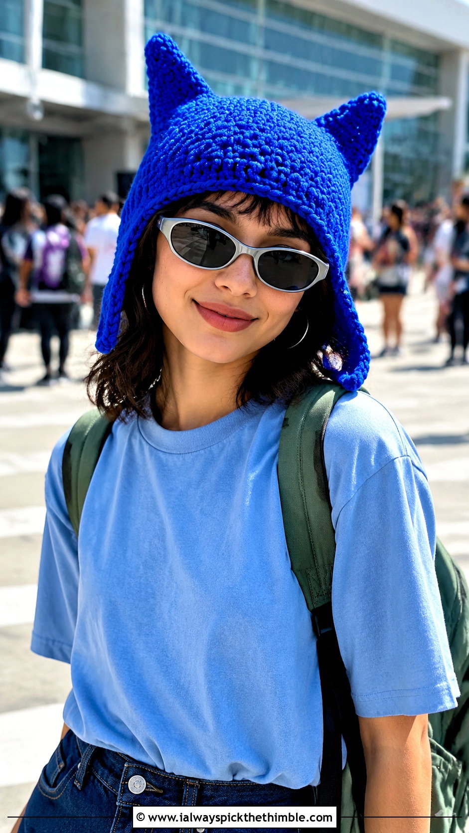 Classic Single Crochet Finn Hat With T Shirt And Denim Shorts - 15 Adventure Time Crochet Fin Hat outfit ideas