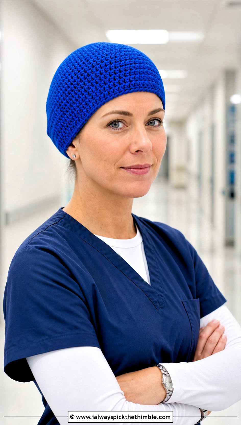 Classic Skull Crochet Scrub Cap With Navy Scrubs - 20 Crochet Scrub Cap outfit ideas