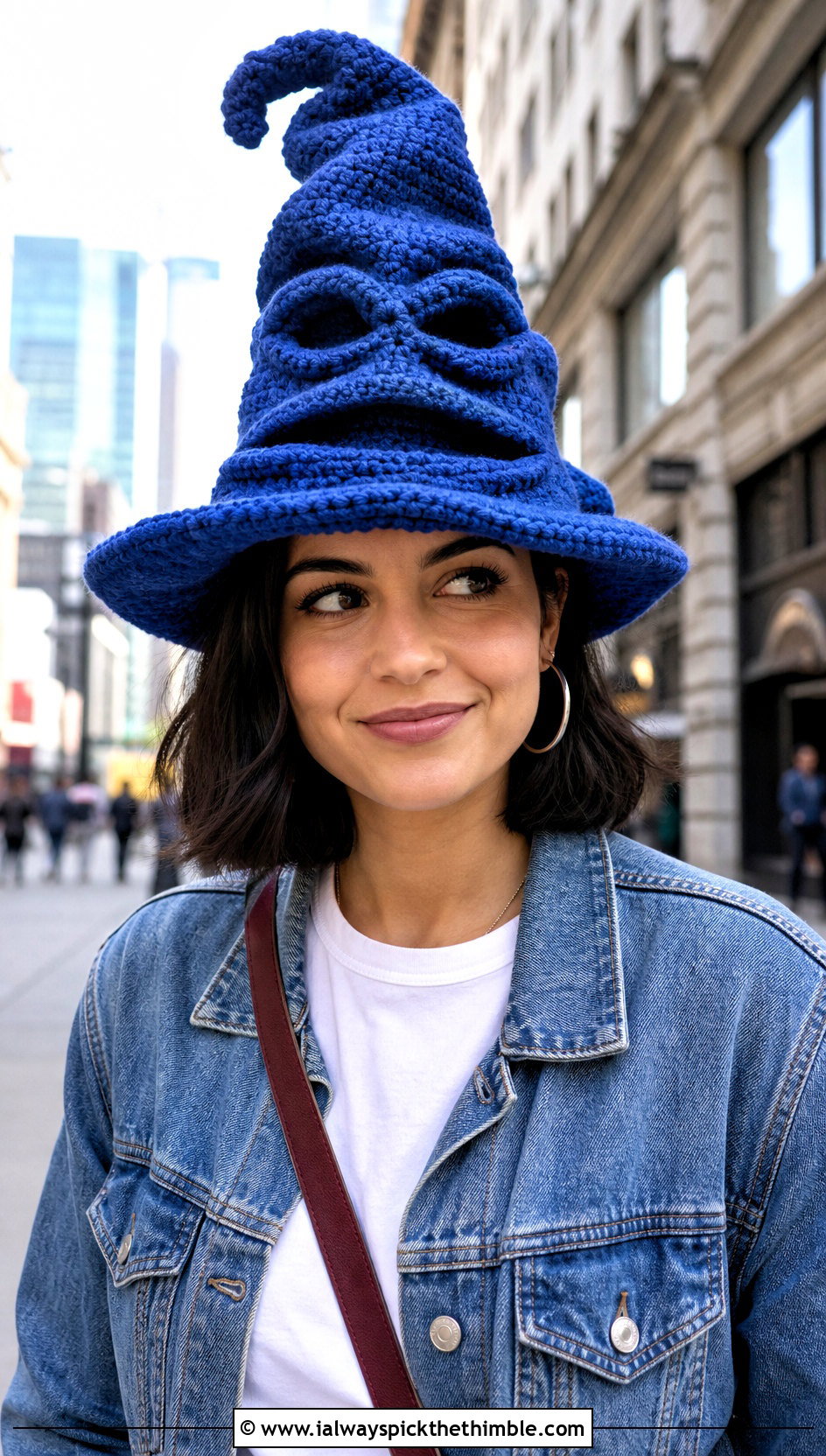Classic Slouchy Crochet Sorting Hat With Denim Jacket - 25 crochet sorting hat outfit ideas