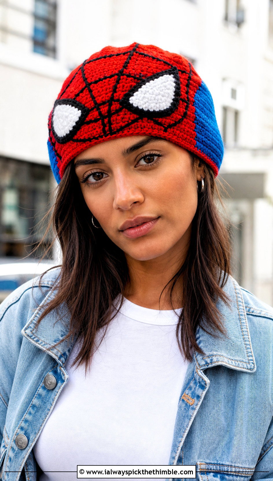 Classic Spider Man Web Beanie With Denim Jacket - 20 spiderman crochet hat outfit ideas