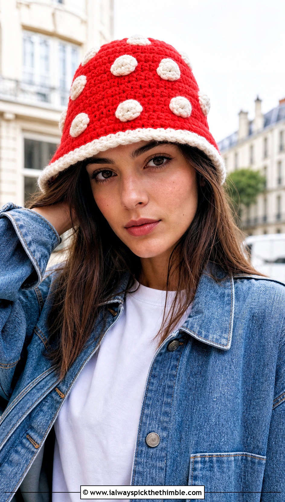Classic Spotted Mushroom Crochet Hat With Denim Jacket - 25 crochet mushroom hat outfit ideas
