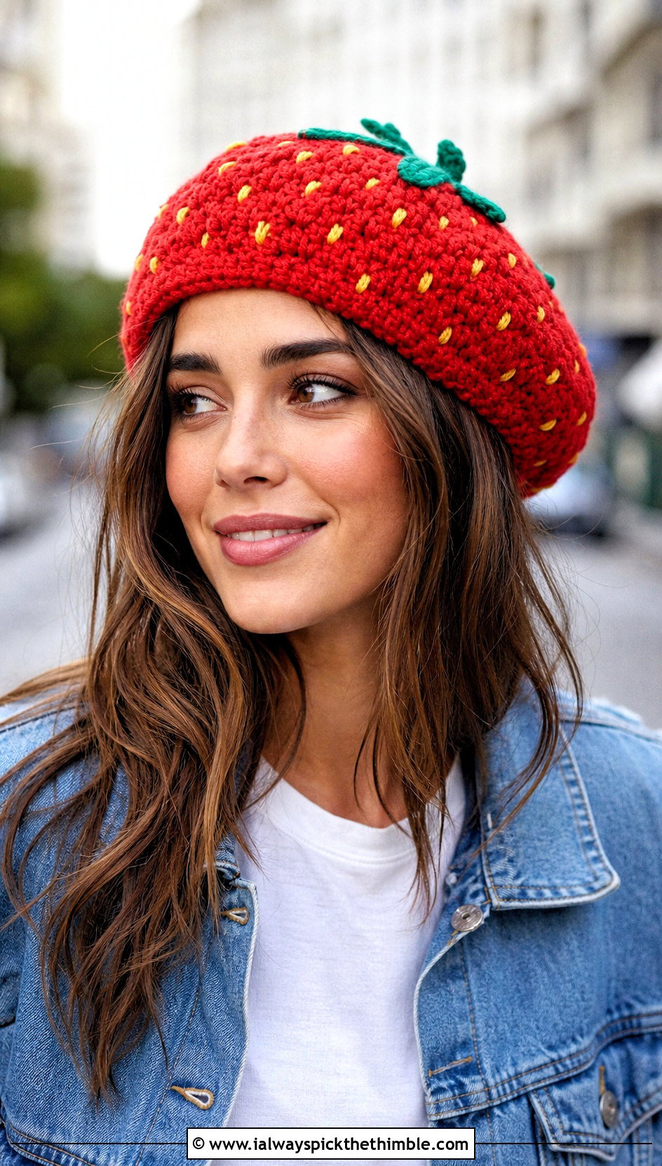 Classic Strawberry Crochet Beret With Denim Jacket - 20 strawberry crochet beret outfit ideas