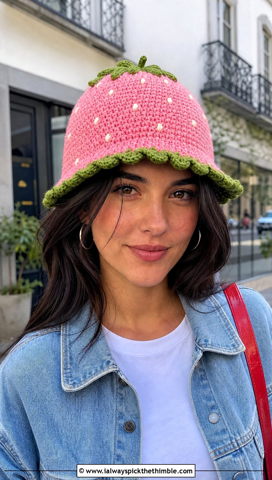 Classic Strawberry Crochet Bucket Hat With White Tee And Jeans - 15 strawberry crochet bucket hat outfit ideas