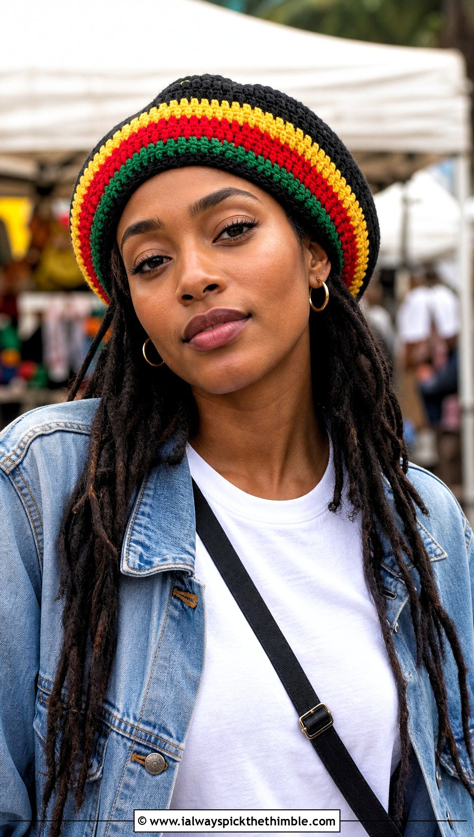 Classic Striped Crochet Rasta Tam Hat With Denim Jacket - 20 crochet rasta tam hat outfit ideas