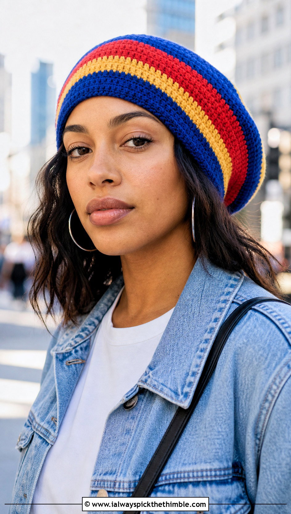 Classic Striped Crochet Rasta Tam With White T Shirt And Wide Leg Jeans - 15 Crochet Bob Marley Hat outfit ideas