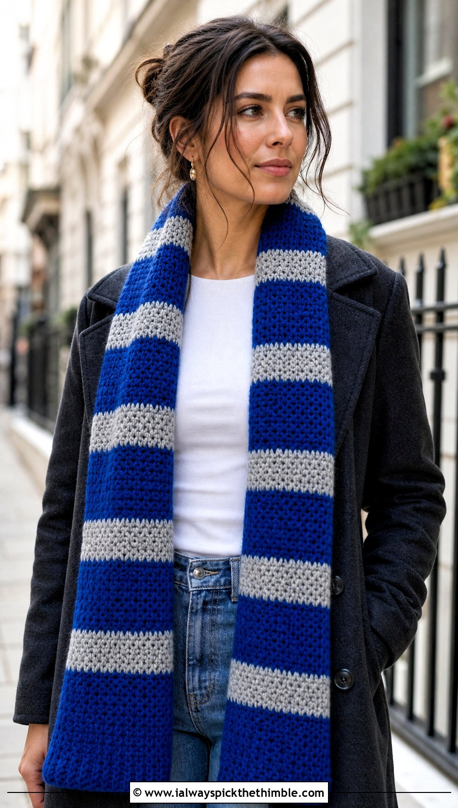 Classic Striped Crochet Ravenclaw Scarf With Straight Leg Jeans - 25 crochet ravenclaw scarf outfit ideas
