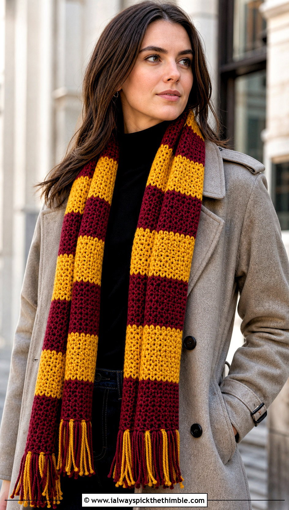 Classic Striped Gryffindor Crochet Scarf With Trench Coat - 20 gryffindor crochet scarf outfit ideas