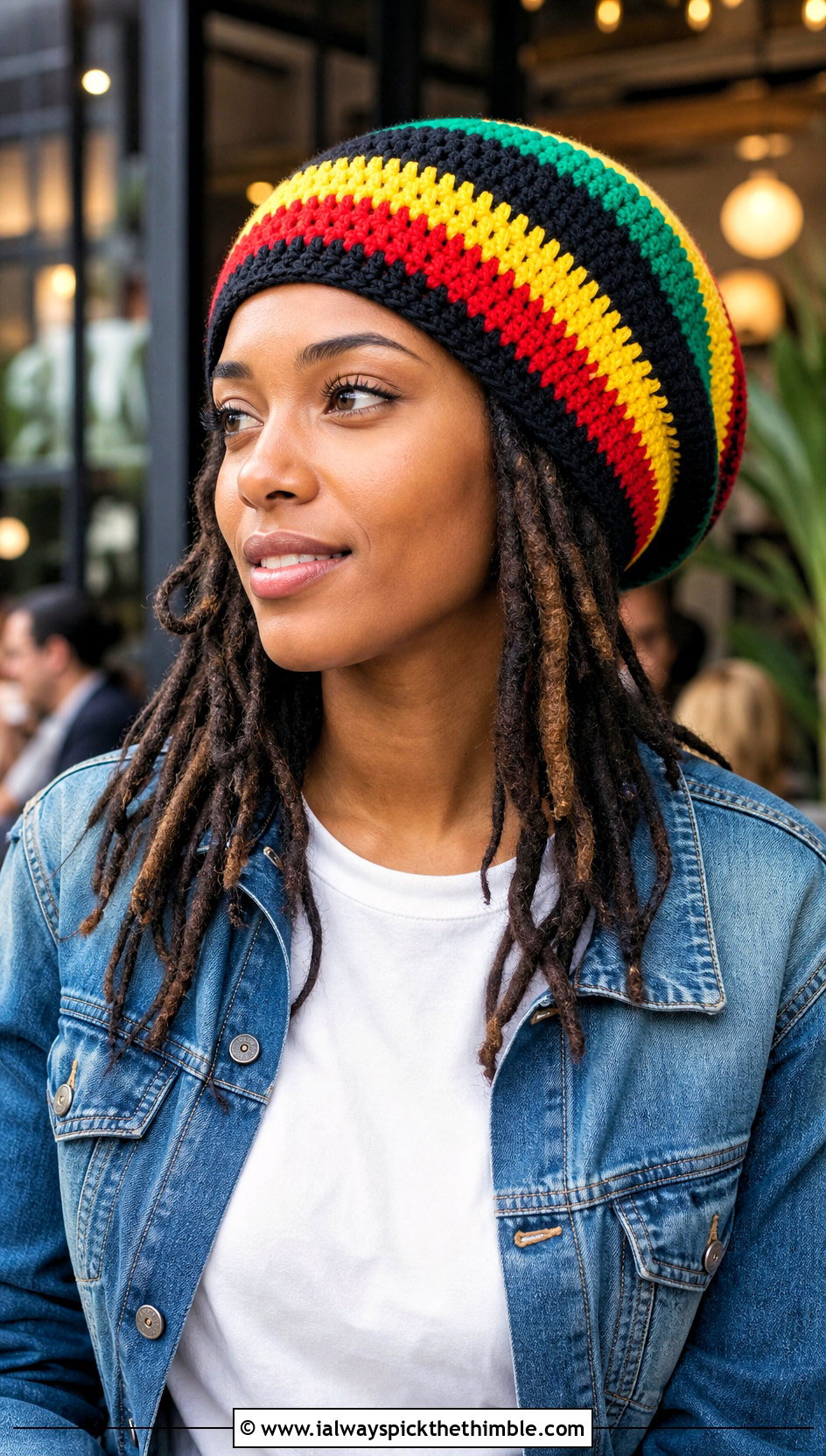 Classic Striped Rasta Beanie With Denim Jacket - 20 crochet rasta beanie outfit ideas