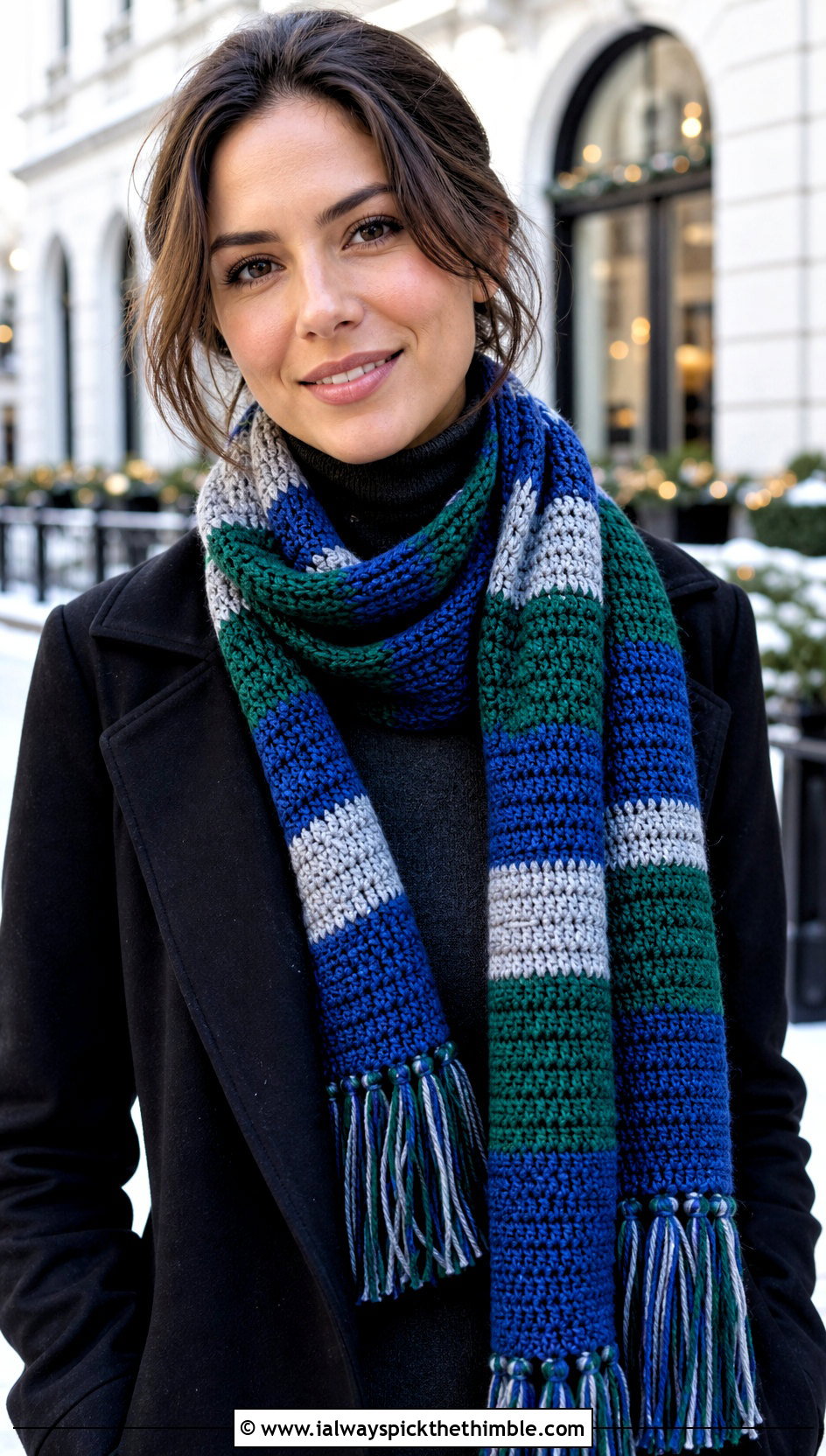 Classic Striped Slytherin Crochet Scarf With Black Wool Coat - 20 slytherin crochet scarf outfit ideas