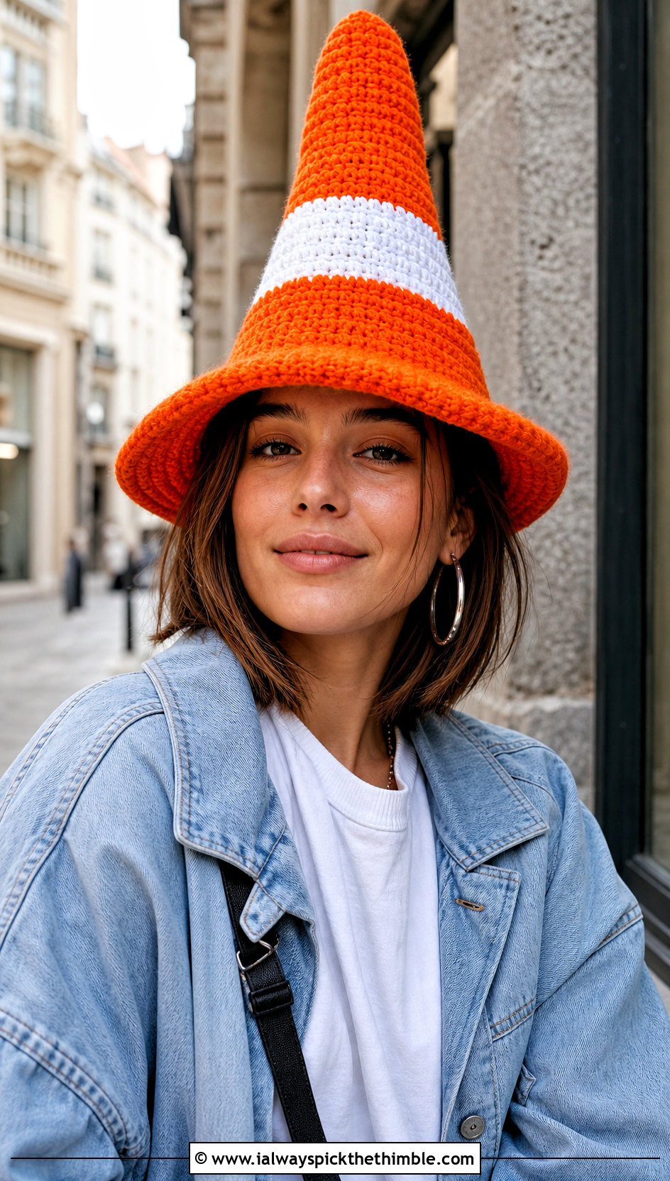 Classic Striped Traffic Cone Hat With Denim Jacket - 20 crochet traffic cone hat outfit ideas