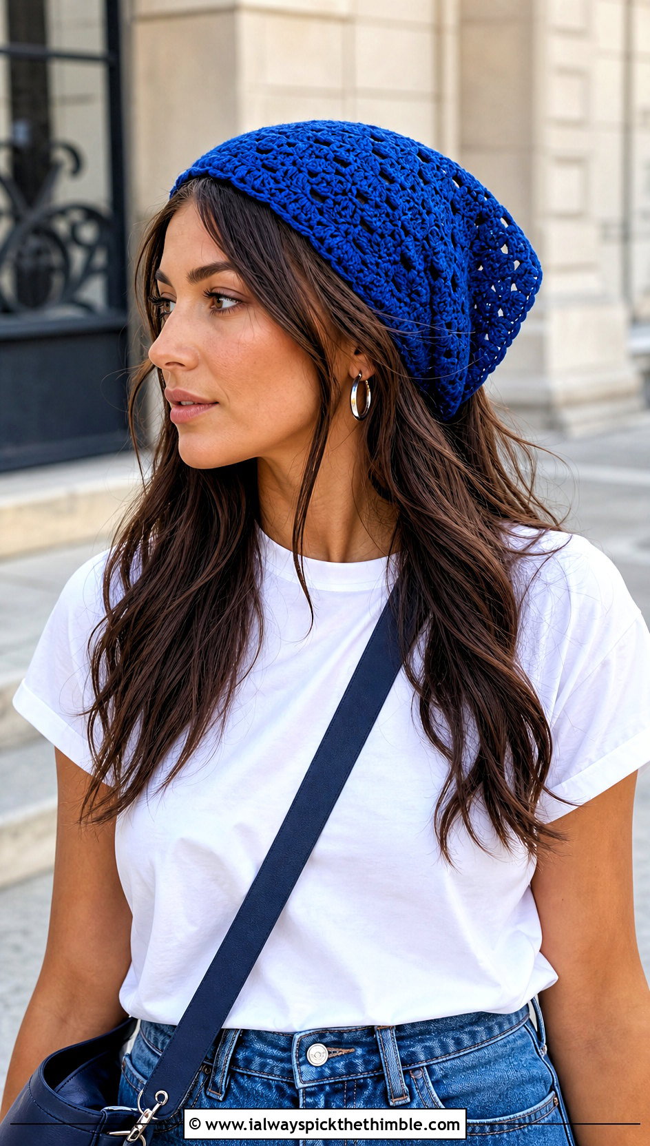Classic Triangle Granny Square Hair Scarf With Jeans And White T Shirt - 20 granny square hair scarf outfit ideas