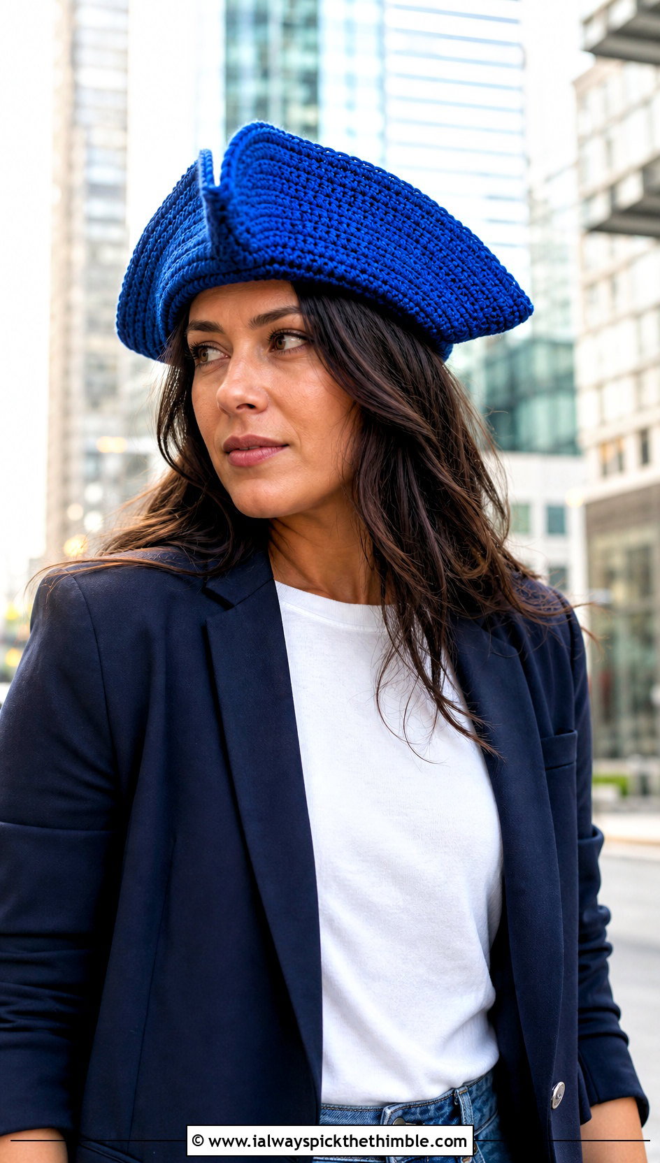Classic Tricorn Crochet Pirate Hat With Blazer And Jeans - 25 crochet pirate hat outfit ideas