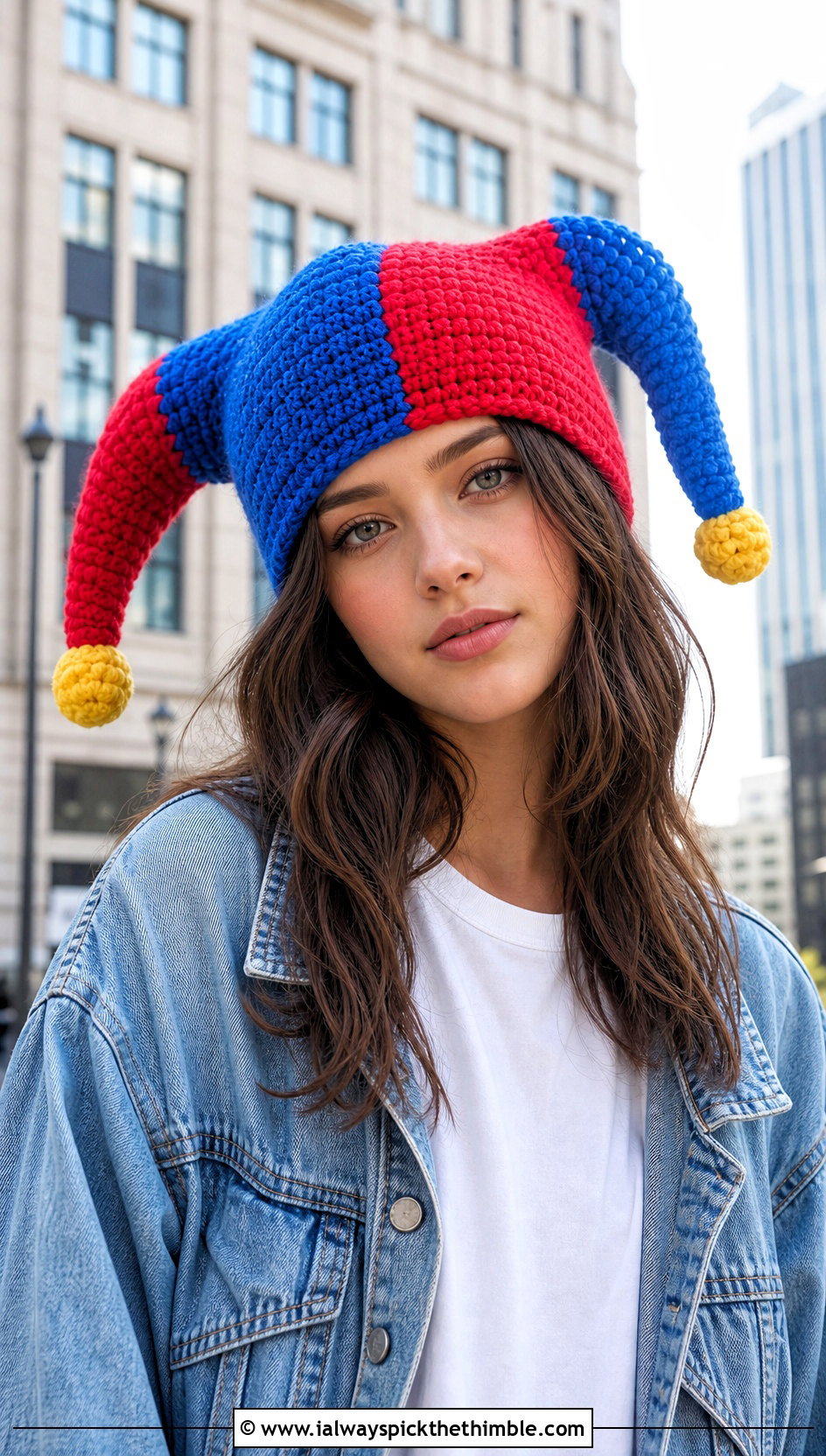 Classic Two Point Crochet Pomni Hat With Denim Jacket - 25 Crochet Pomni Hat outfit ideas