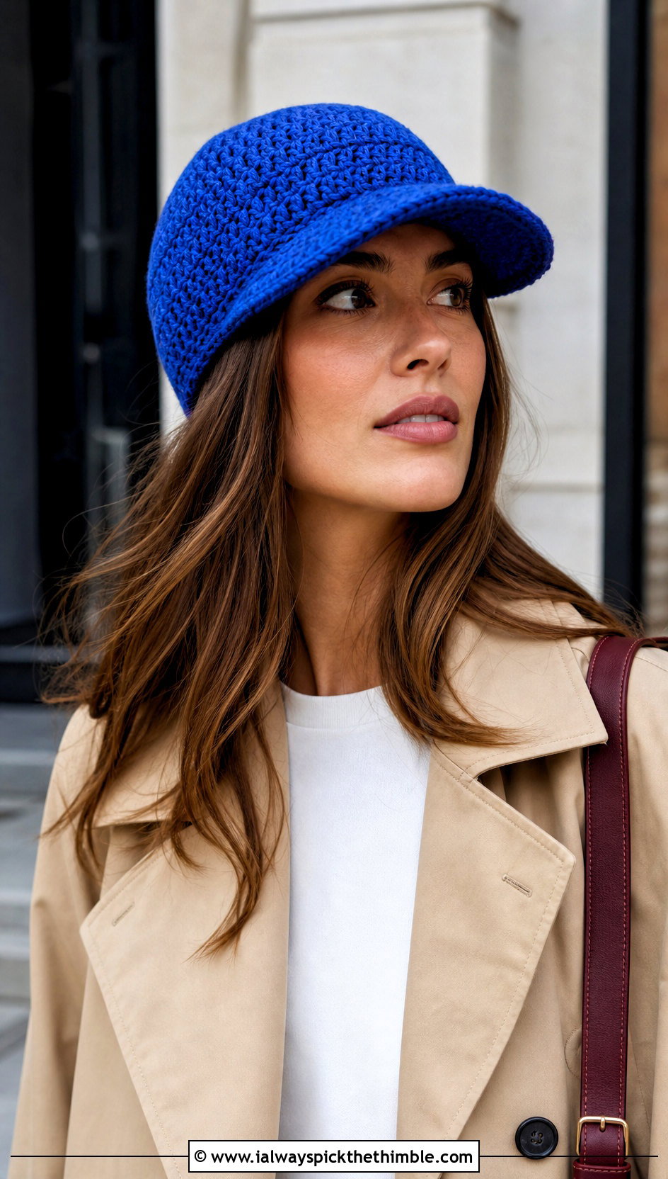 Classic Visor Brimmed Crochet Beanie With Trench Coat - 15 Brimmed Crochet Beanie outfit ideas