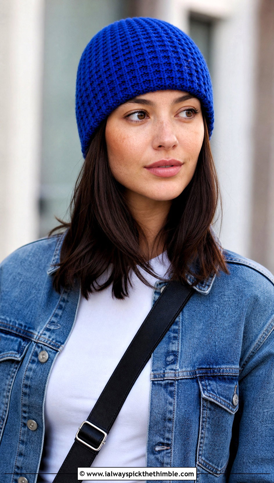 Classic Waffle Stitch Beanie With Denim Jacket - 20 Waffle Crochet Hat outfit ideas