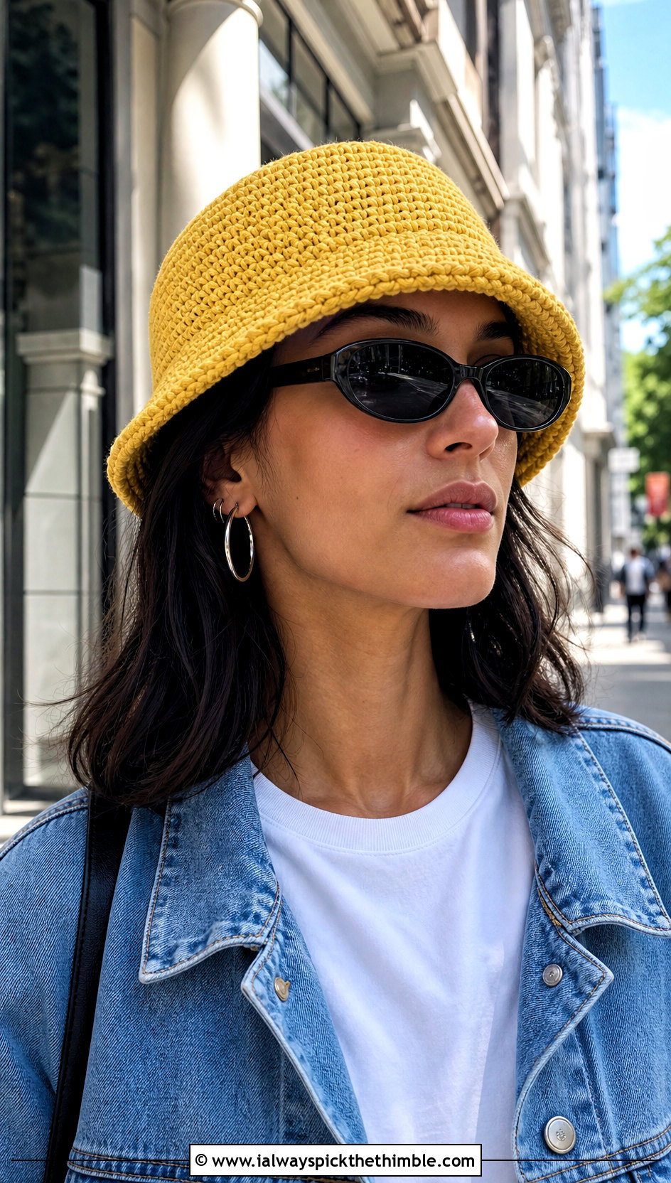 Classic Yellow Crochet Bucket Hat With White Tee And Jeans - 20 yellow crochet bucket hat outfit ideas