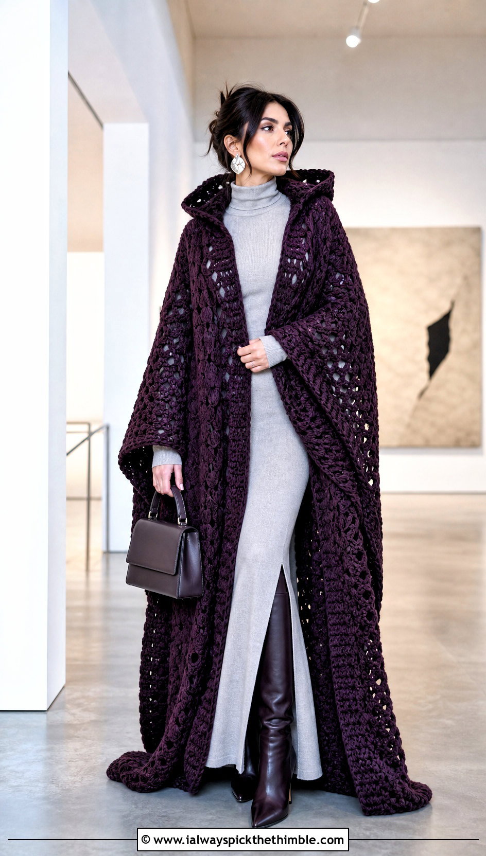 Cloak Length Hooded Crochet Ruana With Turtleneck Maxi Dress - 20 Hooded Crochet Ruana outfit ideas