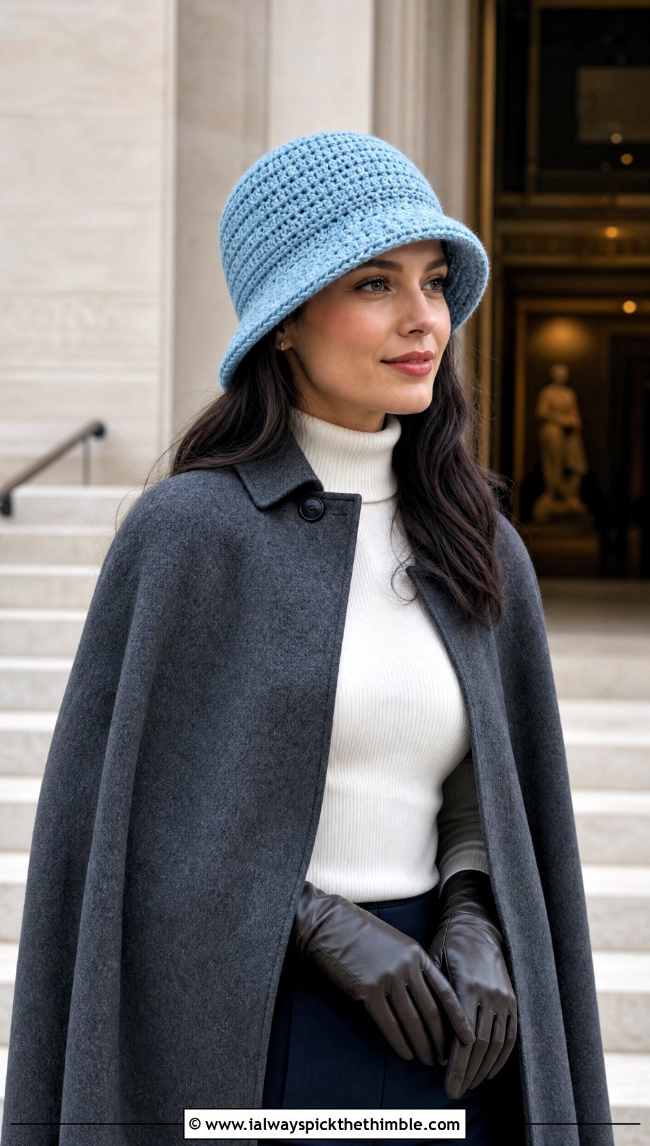 Cloche Chunky Crochet Hat With Cape Coat And Slim Pants - 20 Easy Chunky Crochet Hat outfit ideas
