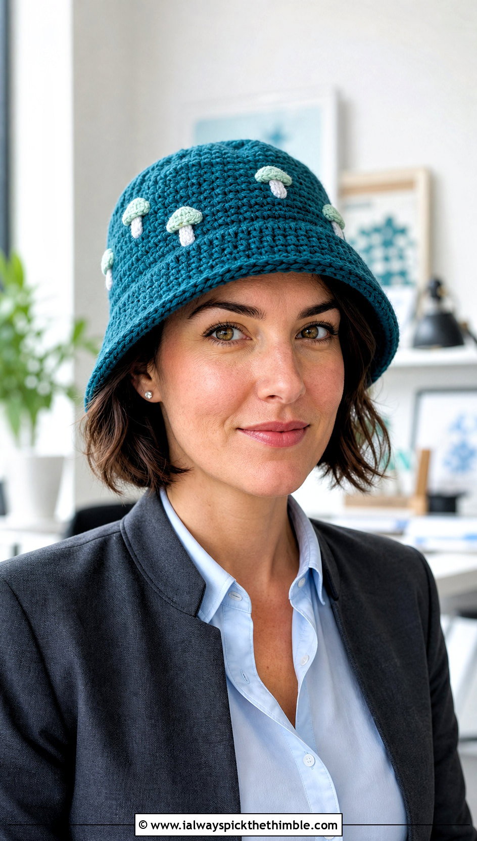 Cloche Mushroom Crochet Bucket Hat With Tailored Trousers - 15 Mushroom Crochet Bucket Hat outfit ideas