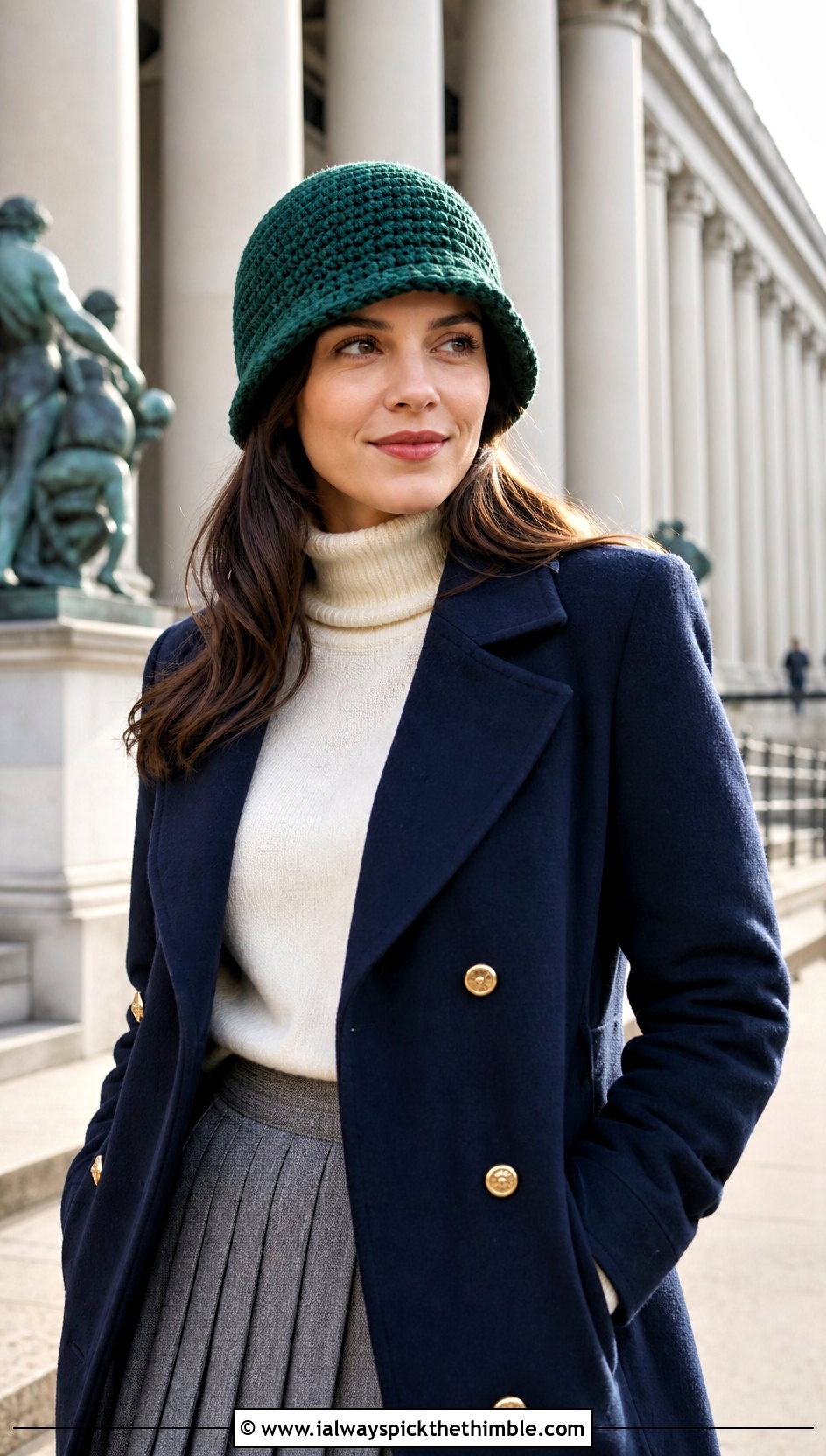 Cloche Shell Crochet Beanie With Peacoat And Pleated Skirt - 20 shell crochet beanie outfit ideas