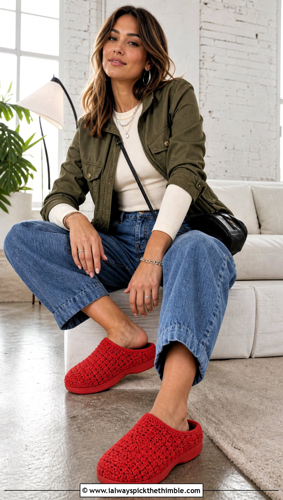 Clog Crocheted Slippers With Barrel Jeans - 20 ladies crocheted slippers outfit ideas