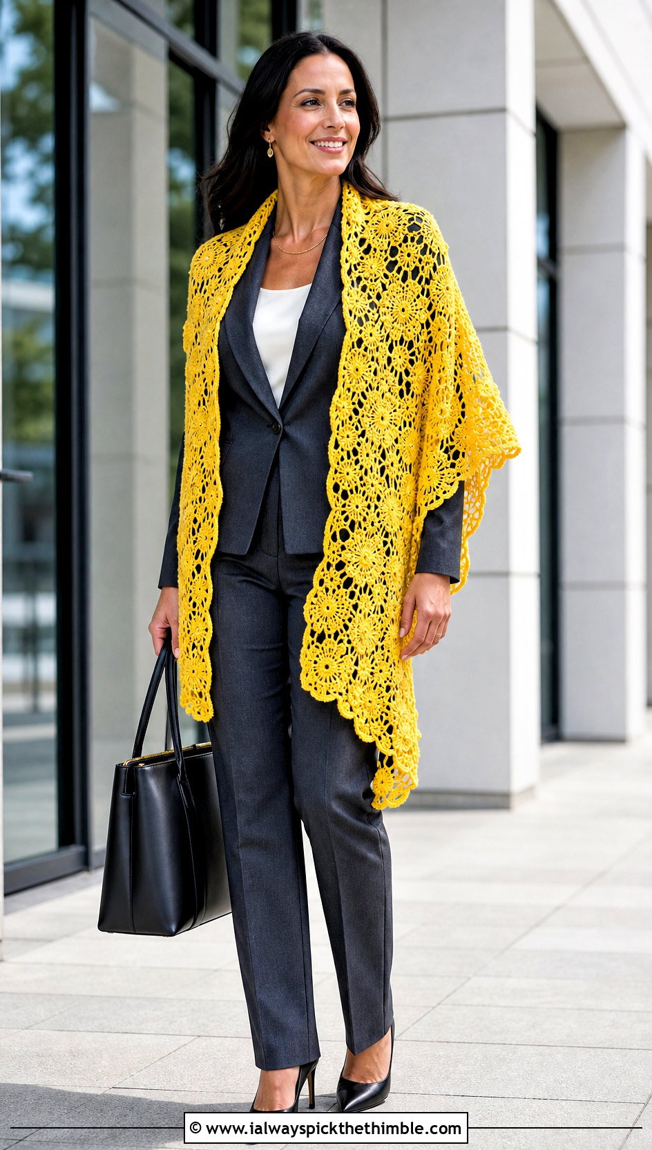 Clones Knot Irish Crochet Stole With Pantsuit - 20 Irish Crochet Shawl outfit ideas