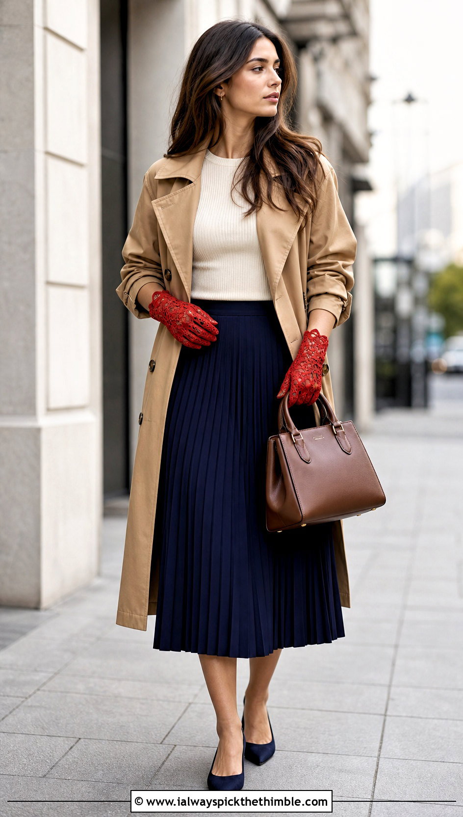 Clones Lace Gloves With Trench Coat And Pleated Skirt - 15 Vintage Lace Crochet Gloves outfit ideas